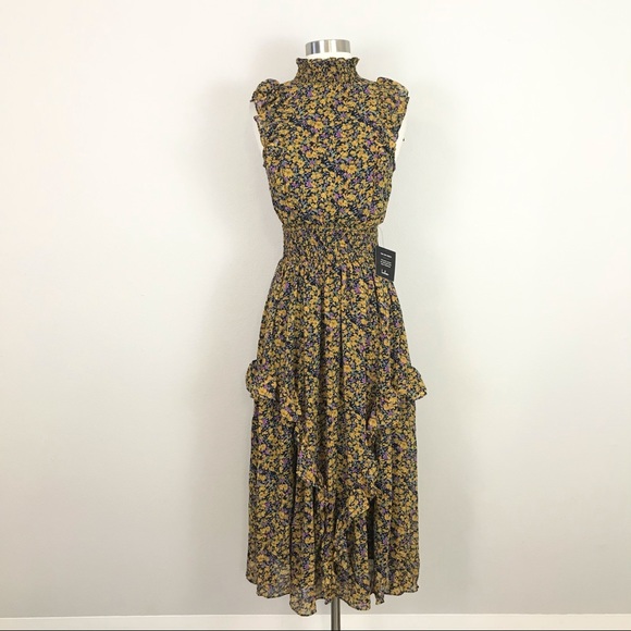 Lulus XS Evalina Midi Dress High Neck Floral Yellow Purple - Picture 10 of 16